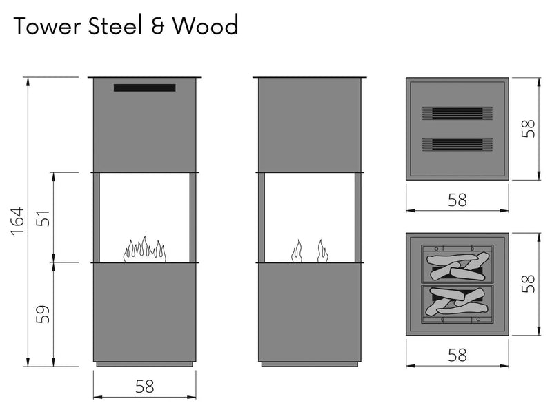 The Flame Tower Steel & Wood - caminetto, effetto fuoco, ad acqua nebulizzata - Efesto Home