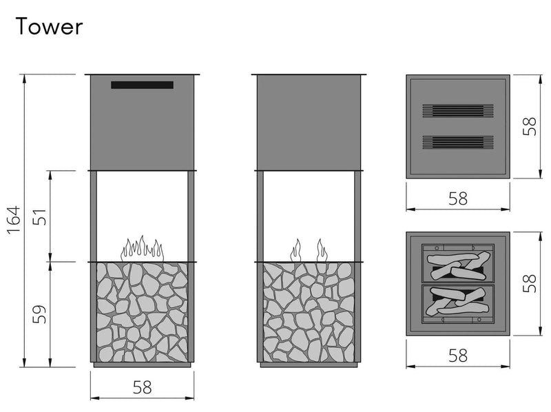The Flame Tower Steel & Wood - caminetto, effetto fuoco, ad acqua nebulizzata - Efesto Home