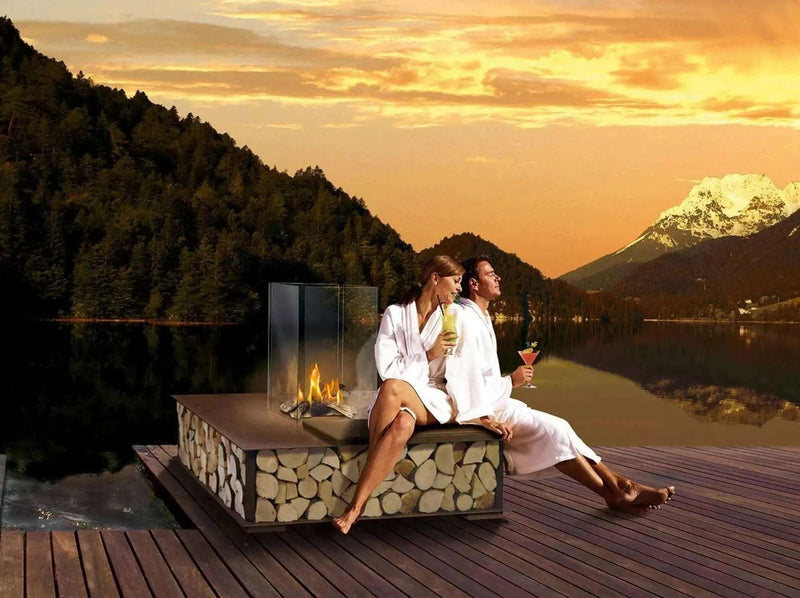 The Flame Bench quadrato - panchina con caminetto, ad acqua nebulizzata, centrale - Efesto Home