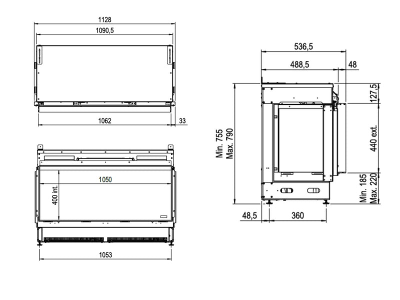 e-MatriX 1050/400 F – elektrischer Wasserdampfkamin, frontal