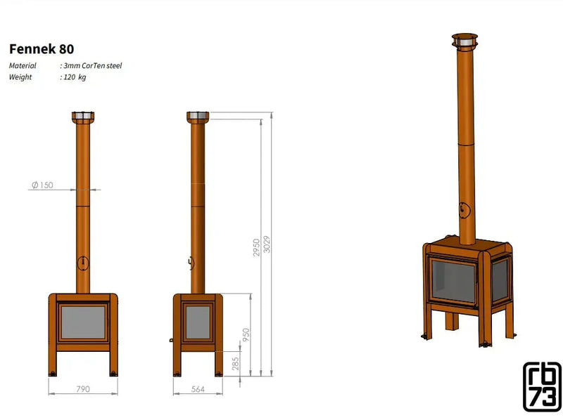 RB73 Fennek 80 caminetto a legna per esterno in acciaio corten - Efesto Home