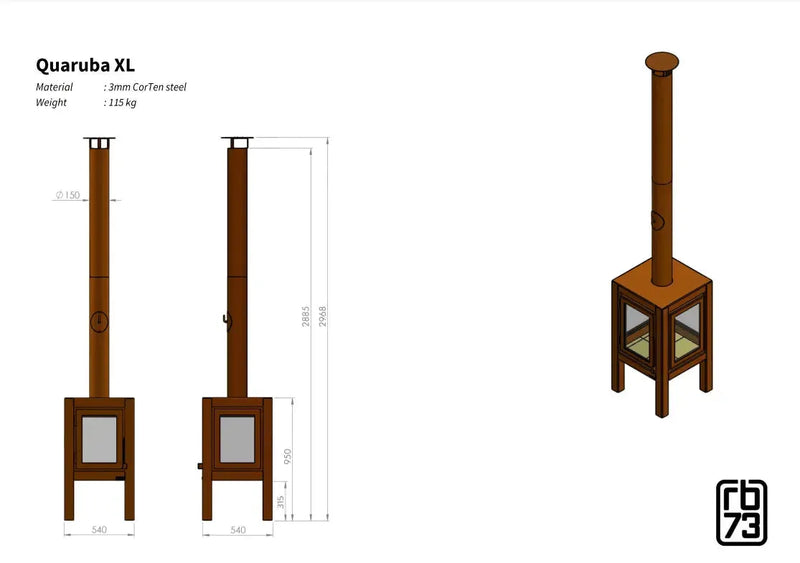 RB73 Quaruba XL caminetto a legna per esterno in acciaio corten - Efesto Home